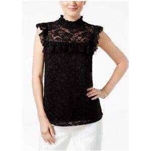 Cable & Gauge Black Lace Cap Sleeve Blouse Women Sz L High Neck Sheer Floral Top